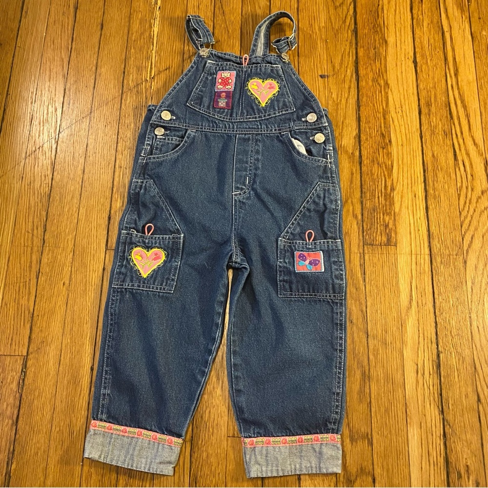Vintage Little Girls Blue Denim Jean Overalls Embroidered Patch Heart 4T 90s y2k